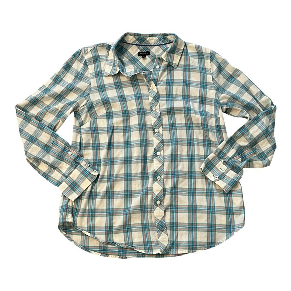 ❤️3/$15 Talbots Cream and Teal Plaid Button-Down Shirt - Classic Collar M